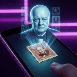 Un smartphone scanne un timbre-poste de Winston Churchill et affiche un hologramme en réalité augmentée